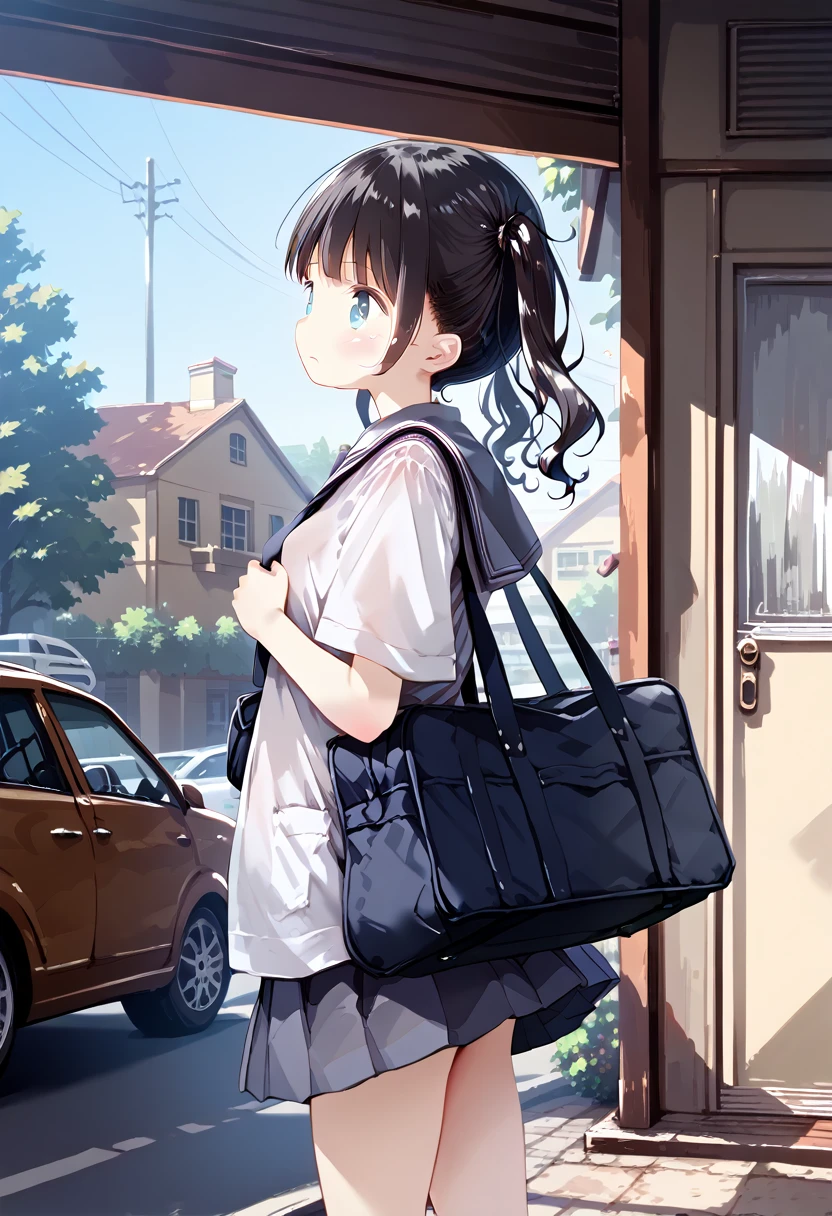 score_9, score_8_up, score_7_up, 1girl, MotiyukiP, (masterpiece), (best quality), (ultra detailed),(illustration),(disheveled hair),(illustration), 1girl, standing, roki_hirokix style, house, school uniform, school bag, twintails, car, carrying bag