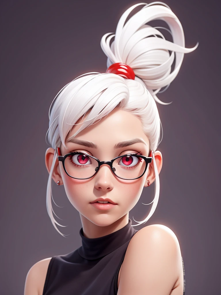 score_9, score_8_up, score_7_up, Expressiveh, solo female, short white hair ponytail, glasses, beautiful dark-red eyes, 30yo, no makeup