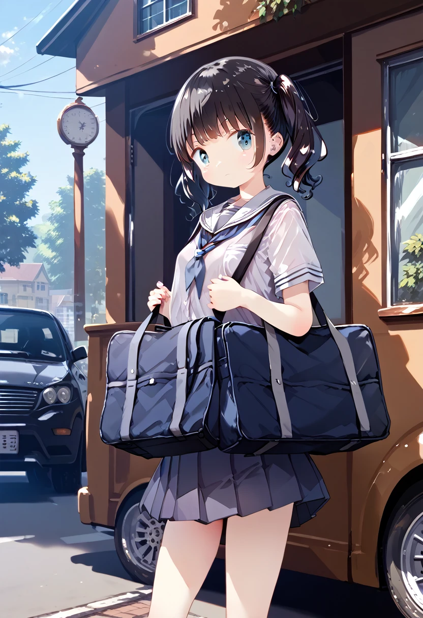 score_9, score_8_up, score_7_up, 1girl, MotiyukiP, (masterpiece), (best quality), (ultra detailed),(illustration),(disheveled hair),(illustration), 1girl, standing, roki_hirokix style, house, school uniform, school bag, twintails, car, carrying bag