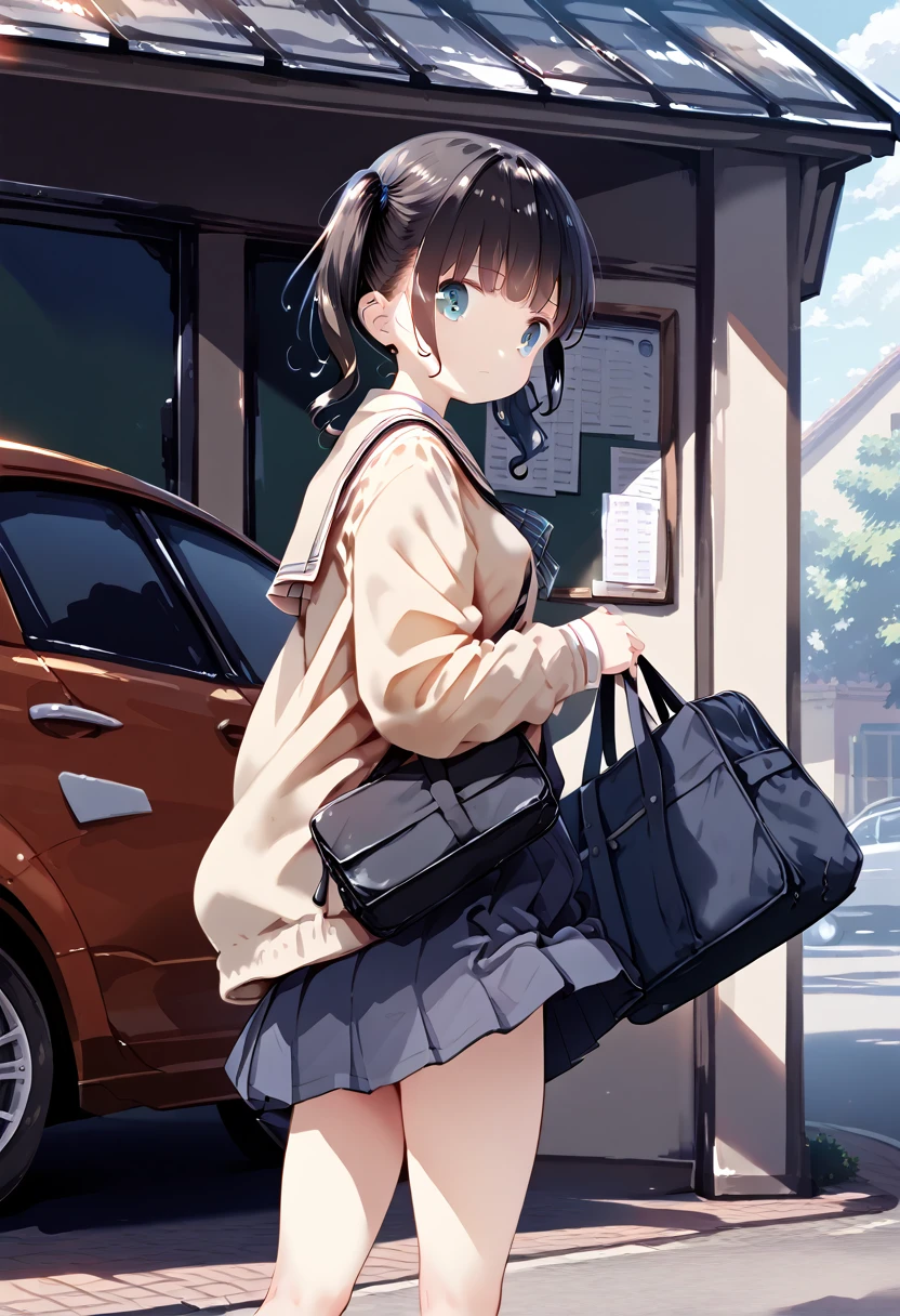 score_9, score_8_up, score_7_up, 1girl, MotiyukiP, (masterpiece), (best quality), (ultra detailed),(illustration),(disheveled hair),(illustration), 1girl, standing, roki_hirokix style, house, school uniform, school bag, twintails, car, carrying bag