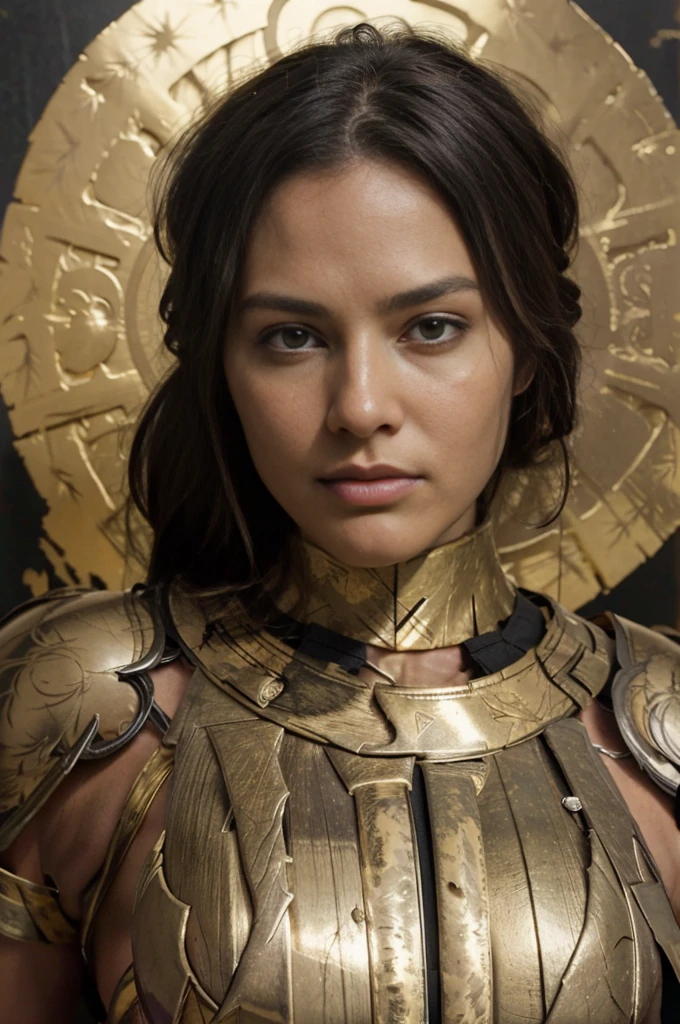 Spartan gold armor, spartan woman,black skirt, human, naked, body muscle, sweat,perfect face,oiled skin,perfect face,