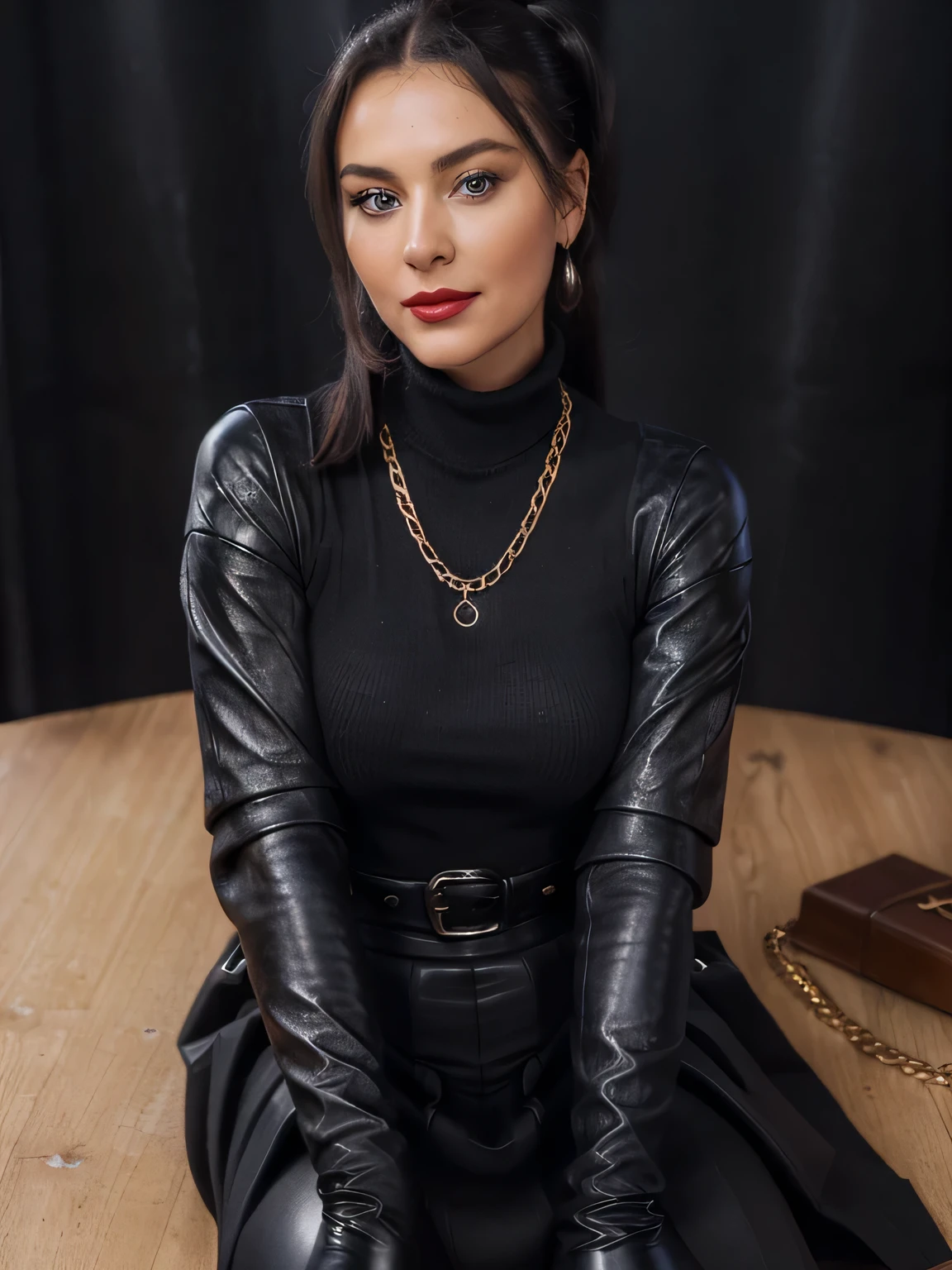 photo of a soaked and sweaty office secretary bettie page at 35 years old ,(( red lipstick )), (( black ponytail hair)) she is eyes closed, mouth open, on her knees , doggy style, ((Bettie has a black skirt and a black turtleneck sweater with a gold chain )), (( she is wearing his favorite black gloves )) (( black leather high knee boots)) (( she is making a sweet handjob with her gloves hands, cum are falling from  her glove)) 