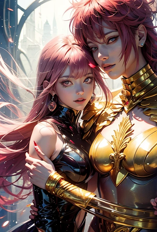 Medusa, hair composed of pink snakes, reddish white eyes, ultra-detailed sea surface, skulls in the reflection of her eyes, background of white stone statues of muscular and mature men, expression of anger and hatred, symbol of the feminine in the center, well-structured female body, golden jewels all over her body