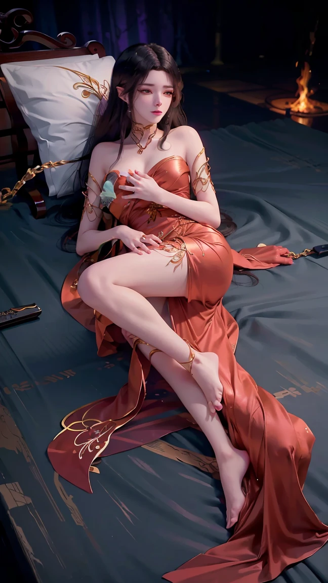 a girl lying on a bed, facing upward, slightly raising her leg, extremely detailed and beautiful  girl, 4k, 8k, cinematic, full body, lying, long legs, full body capture, (((lying on a bed))), (((full body lying on a bed))), large bed, lying on a bed, head resting on pillow, high quality, photorealistic, hyperrealistic, beautiful skin, flawless complexion, beautiful eyes, long eyelashes, delicate facial features, beautiful lips, graceful pose, natural lighting, warm color palette