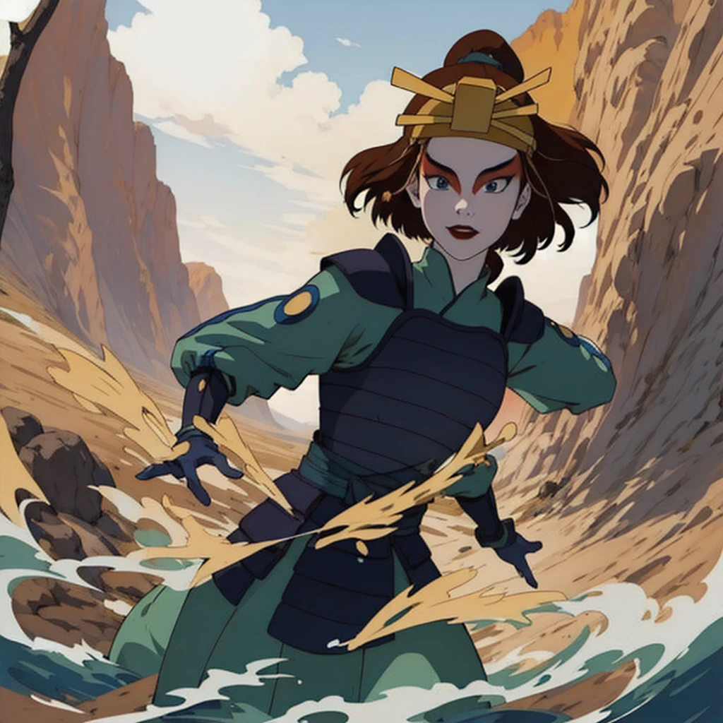 suki, 1 woman only, (Masterpiece), (The best quality), (ultrahigh resolution), Cartoon character, anime version, Amazing painting, beautiful sky, colors, nature, beautiful , Highly detailed image, brown hair, blue eyes, Kyoshi Guerrero, make-up, lipstick, armor, long sleeves, They are smiling, black gloves