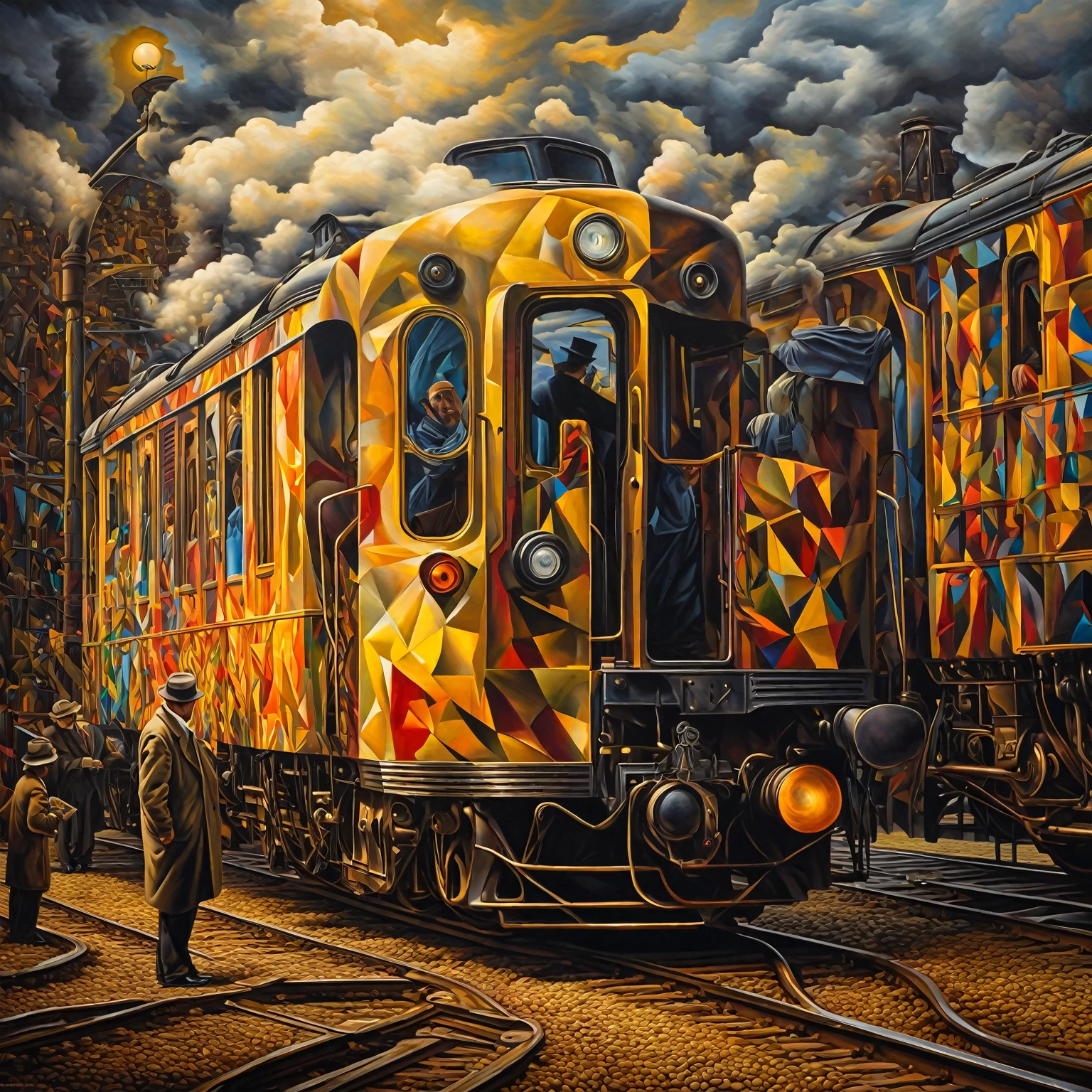 A man seeing off a train, oil painting, surrealism, intricate details, (best quality,4k,8k,highres,masterpiece:1.2),ultra-detailed,(realistic,photorealistic,photo-realistic:1.37),dramatic lighting,dramatic angles,bold colors,geometric shapes,cubism,impressionism,abstract,iconic,serene,melancholy,ethereal,mystical,symbolic,emotional,thought-provoking