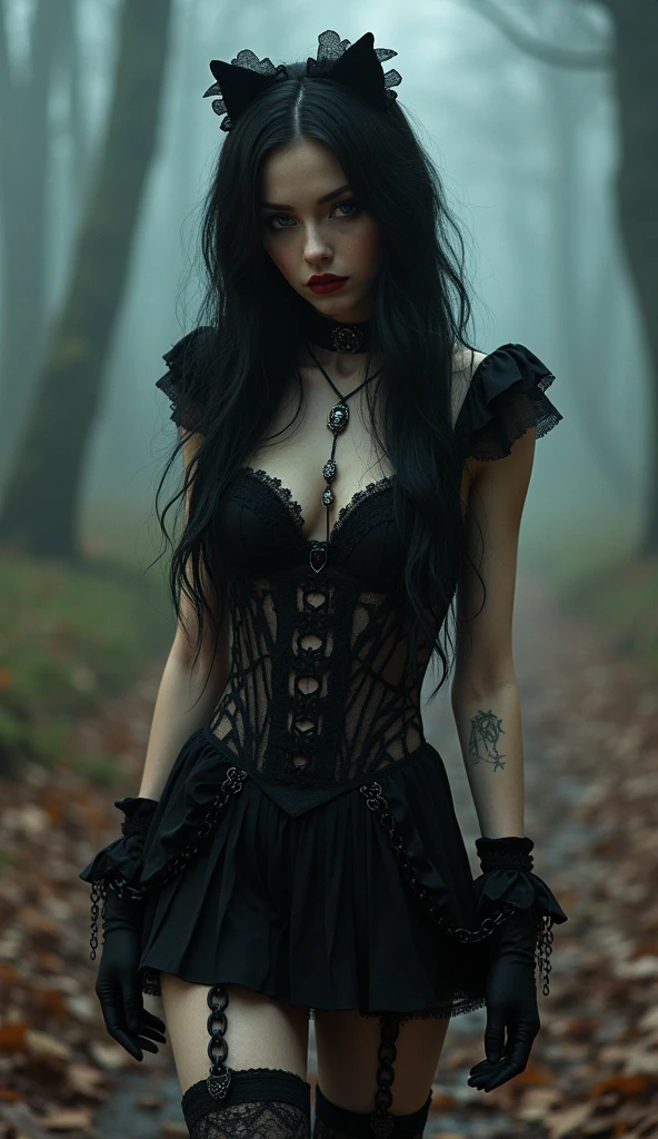 young gothic girl, white eyes, porcelain white skin, long black hair, dark but sexy makeup, black painted lips, black lace dress, The dress has straps that form a pentagram design, wears corset with little skull buttons, sexy look with an air of superiority, Wicca sexy. Background a gloomy forest.