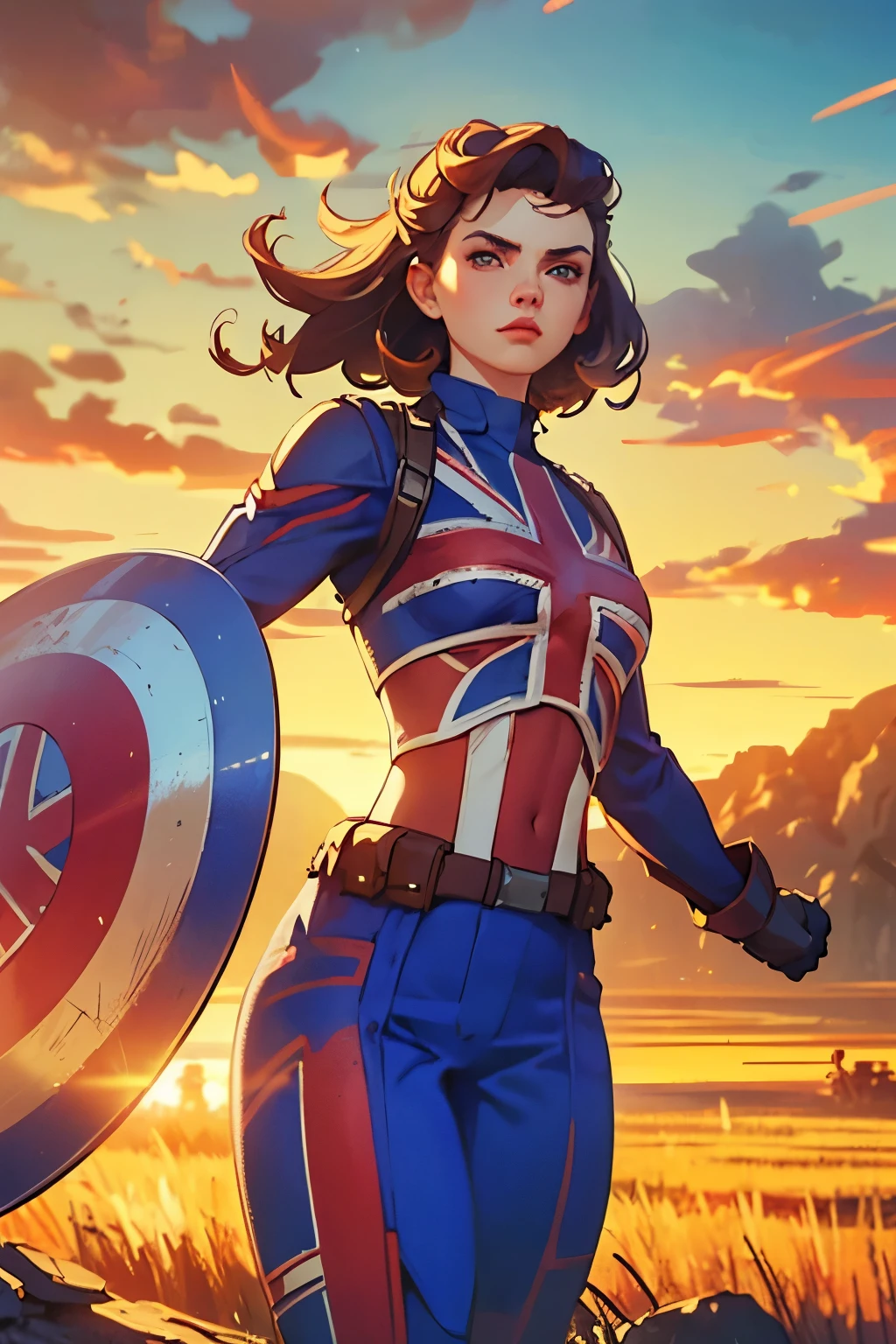 Captain Carter in her iconic Union Jack suit, standing heroically on a battlefield, shield raised, glowing with energy. The backdrop showcases a war-torn landscape with rays of sunlight breaking through the clouds, illuminating her figure. Muscular and confident stance, wind blowing through her hair, epic aura. A mix of determination and hope in her eyes as she faces the horizon, ready for the next battle. natural light, 35mm photograph, film, professional, 4k, highly detailed, Golden hour lighting. Depth of field F2. Rule of Thirds Composition.