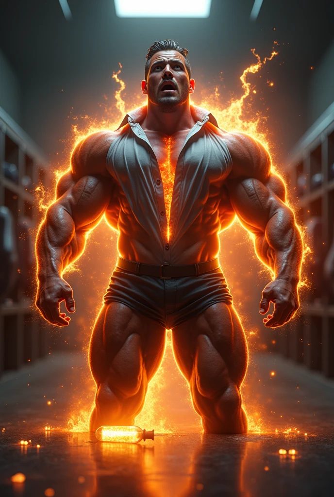 hyper growth, hyper muscles, a very handsome young man, sunglasses, shirtless, massively muscular, with massively large muscles, with massively large biceps, with massively large arms, with exaggeratedly huge muscles, with a massively large bulge, exaggeratedly huge bulge, yellow energy coming out, energy rays, on a black background