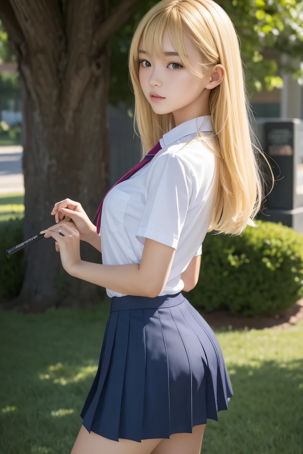 Hyperrealistic, Super Lewd 2 , No Face,Japanese School Uniform, Very long thin legs,barefoot, Pants can be seen from below,Back view,,Near the feet, Calf, Thighs, Angle from below, Very short skirt,standing, Long blonde hair, barefoot,tall, one person&#39;s, ((Highest quality)), Ultra-detailed drawing