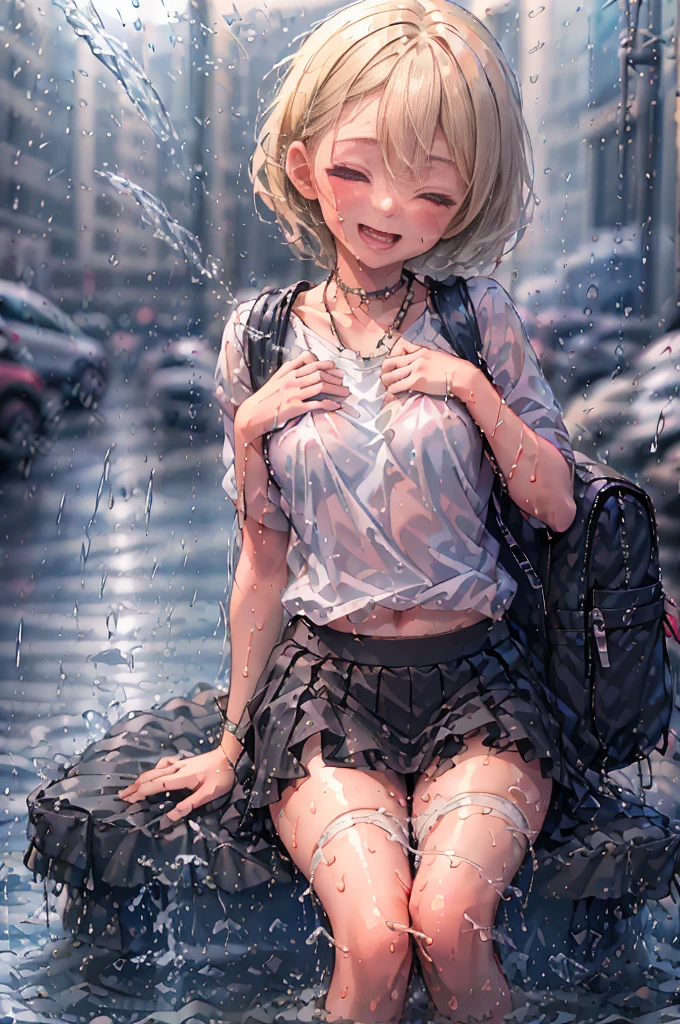 (8k, Highest quality, masterpiece: 1.2), Ultra-high resolution, 1 person, cute, Blonde, Close your eyes, Mouth open, Small breasts, blouse, shirt, Backpack, Ocean, deep, Soaking wet, Black underwear, ribbon, Gothic Long Skirt, A childlike smile, The best smile, Water up to my chest, big flood, splash, 