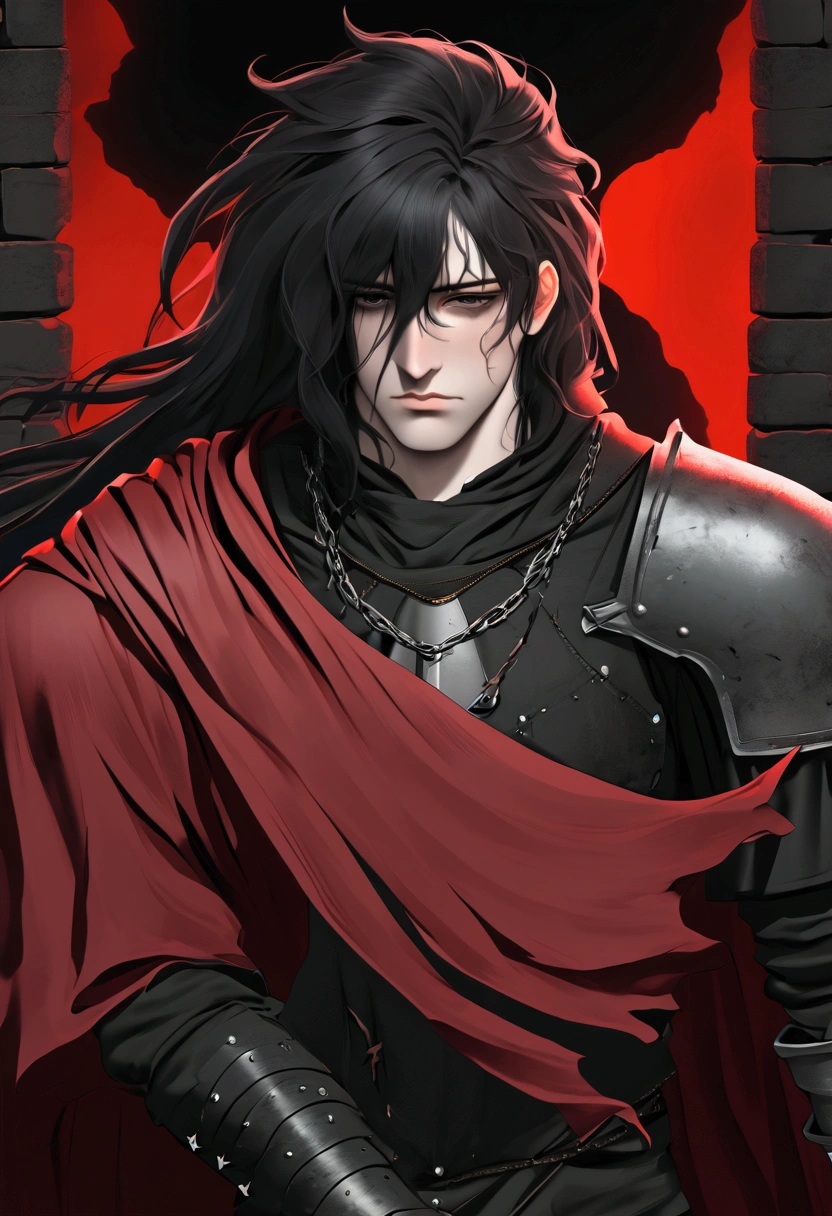 Man appearance: 1 man, black hair, single, long hair, ((shoulder length)), handsome face, dirty black dark armor, red cape, black eyes, tired look, scars, metal bosal, armor covers the whole body, metal necklace, red cape