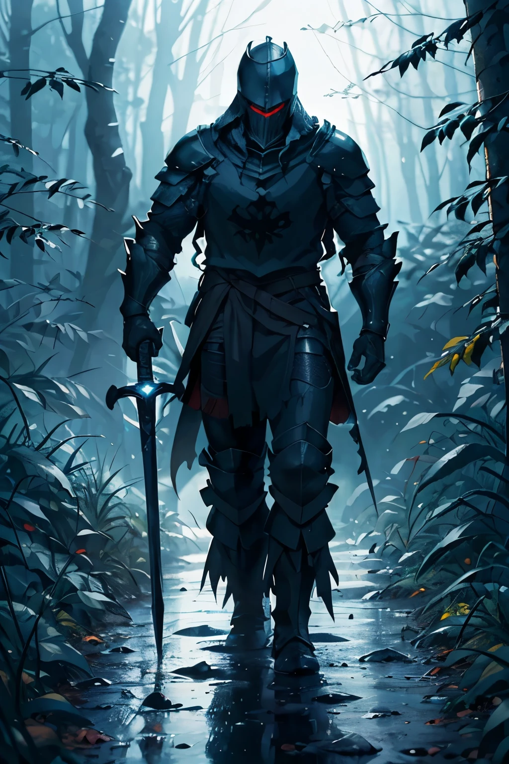 Imagine a dark knight, encased in sleek black armor, with glowing red eyes that stand out in the darkness. He walks slowly along a muddy dirt trail in the middle of a dense forest., under the dim light of the moon. A natta está carregada de mistério e o ambiente ao redor está imerso em sombras e névoa. In your right hand, He holds a long sword, with the blade tilted downwards, as if he were deeply focused on his thoughts. The occasional sound of clay crunching beneath your boots echoes in the stillness of the forest., adding a sense of desolation and tension to the setting. ( natta)