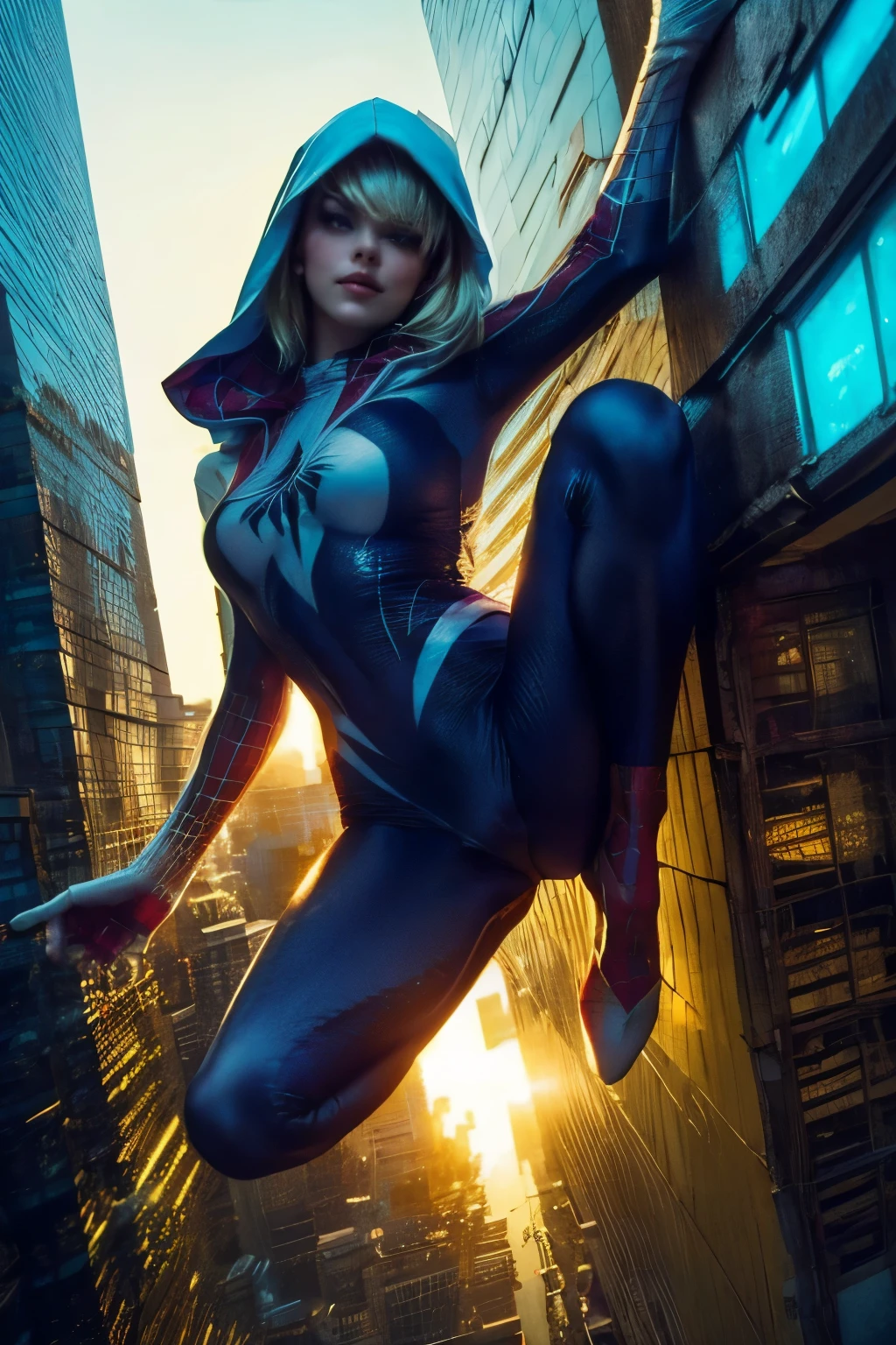 Photorealistic portrait of a 18 yo girl, wearing a Spider-Gwen suit with hood, hot Body, short blunt hair, blonde, beautiful face, ((over the building, in Dynamic pose)), rain, roof, masterpiece, intricate detail, perfect anatomy. Realistic, highly detailed, photo, 4K, UHD. Natural lighting. ((( New York background, sunny day))).