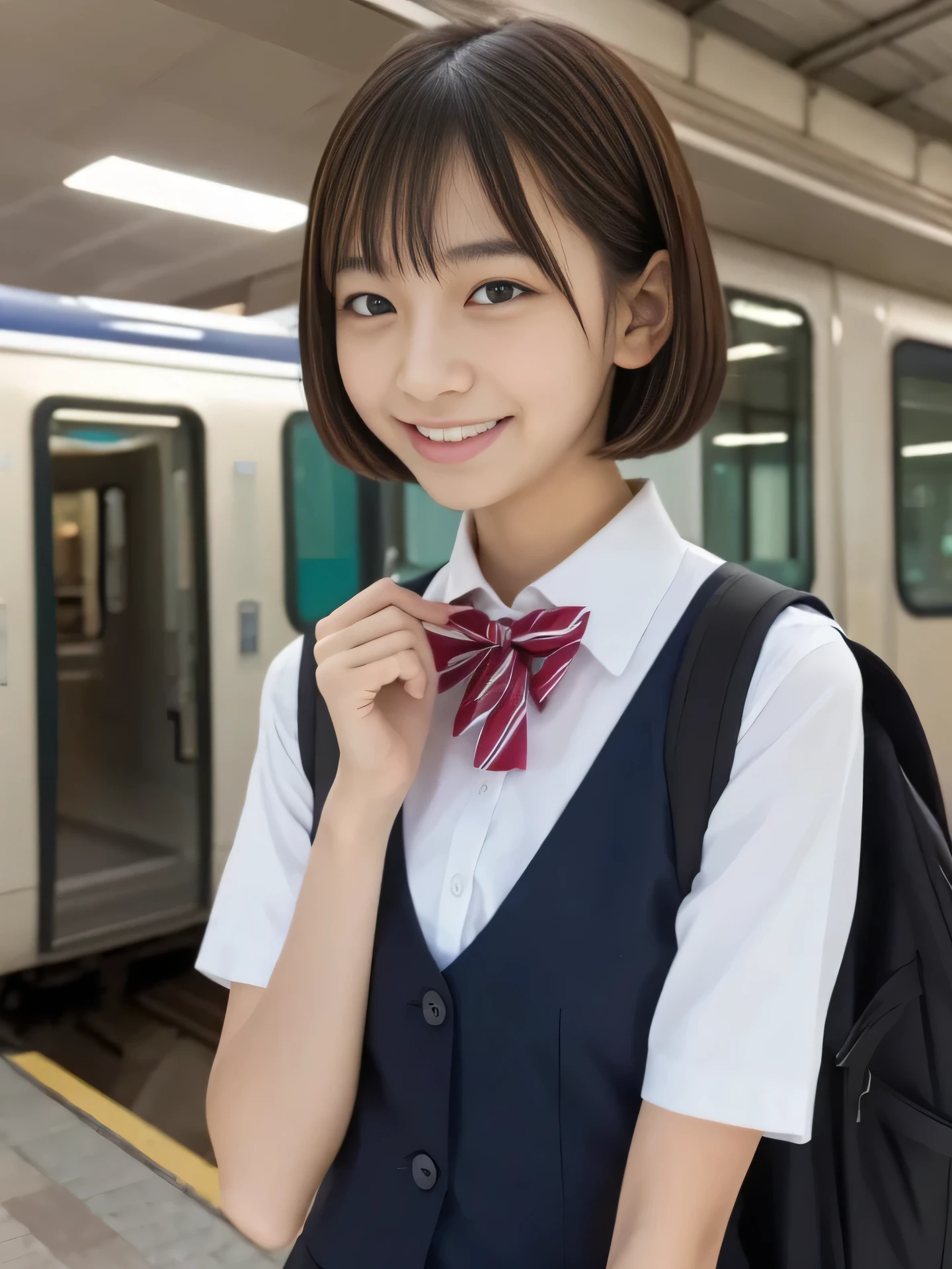 Pubic hair grows、Smile full of happiness、、、、Panting face、Lacking、After being attacked、Torn and battered schoolgirl costume(Red plaid mini skirt)、Sweating、Expression in a state of excitement、short-hair、eye glass