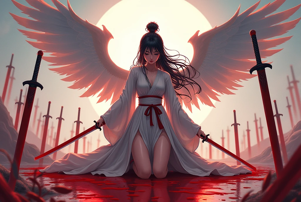 masterpiece, best quality, Super detailed, CG illustration, high resolution, Better lighting, The best shadow, Extremely refined, Proper shade, HD, 8k, Ray Tracing, Ultra-detailed and clear background, Perfect lighting, anime style, Inspired by games《Magic King of Fighters》: Ruby House (Tengu, Winged Mountain God, Provocation, Red and White), strength, Samurai Punk, Solitary, 1 female, Black Hair, Red Eyes, aldult, Belt tassels,