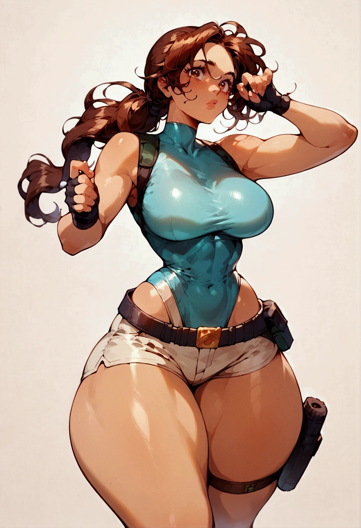 score_9, score_8_up, score_7_up, source_anime, speedlines, expressive, best quality, detailed eyes, perfect face, perfect hands, (1woman, solo), Lara Croft, Tomb Raider, long hair, dark auburn hair, plait, brown eyes, athletic, (thick thighs:1.5), wide hips, thin waist, busty, (large breasts:1.5), turquoise leotard, light brown shorts, calf-high boots, and tall white socks, fingerless gloves, utility belt with holsters, two pistols,