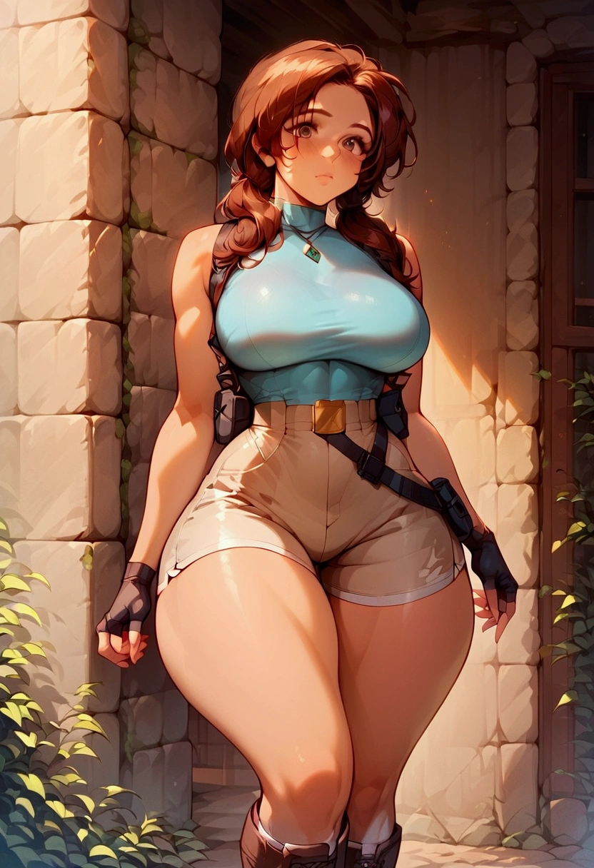 score_9, score_8_up, score_7_up, source_anime, speedlines, expressive, best quality, detailed eyes, perfect face, perfect hands, (1woman, solo), Lara Croft, Tomb Raider, long hair, dark auburn hair, plait, brown eyes, athletic, (thick thighs:1.5), wide hips, thin waist, busty, (large breasts:1.5), turquoise leotard, light brown shorts, calf-high boots, and tall white socks, fingerless gloves, utility belt with holsters, two pistols,