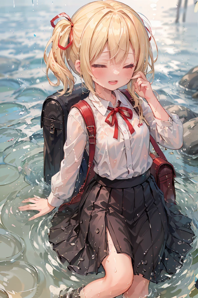 (8k, Highest quality, masterpiece: 1.2), Ultra-high resolution, 1 person, cute, Blonde, Close your eyes, Mouth open, Small breasts, blouse, shirt, Red Backpack, Ocean, deep, Soaking wet, Black underwear, ribbon, Gothic Long Skirt, A childlike smile, The best smile, Water up to my chest, big flood, splash, 