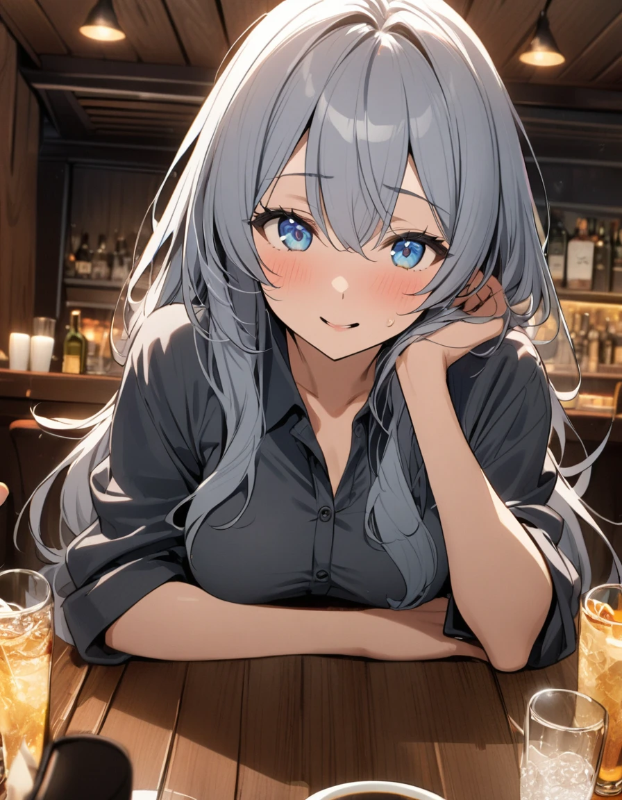 masterpiece, highest quality, Ultra-high resolution, Ultra-fine, 4K, 8k, highest quality, beautiful, Cute Woman, alone, (beautiful,Gray Hair, beautiful eyes, Long Hair, smile), Break A cozy cafe scene, Coffee on the table, food, Coffee cup, Crowd in the background, Breaking Prada,night,suit,necklace, Earrings, accessories, bag, Great lighting,Excellent resolution,, Audio Notes,