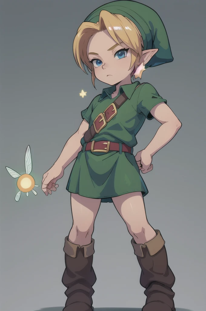 masterpiece, best quality, 1boy, younglink, blonde hair, blue eyes, hat, pointy ears, green tunic, belt, boots, (looking at fairy), hands on hips, simple background 