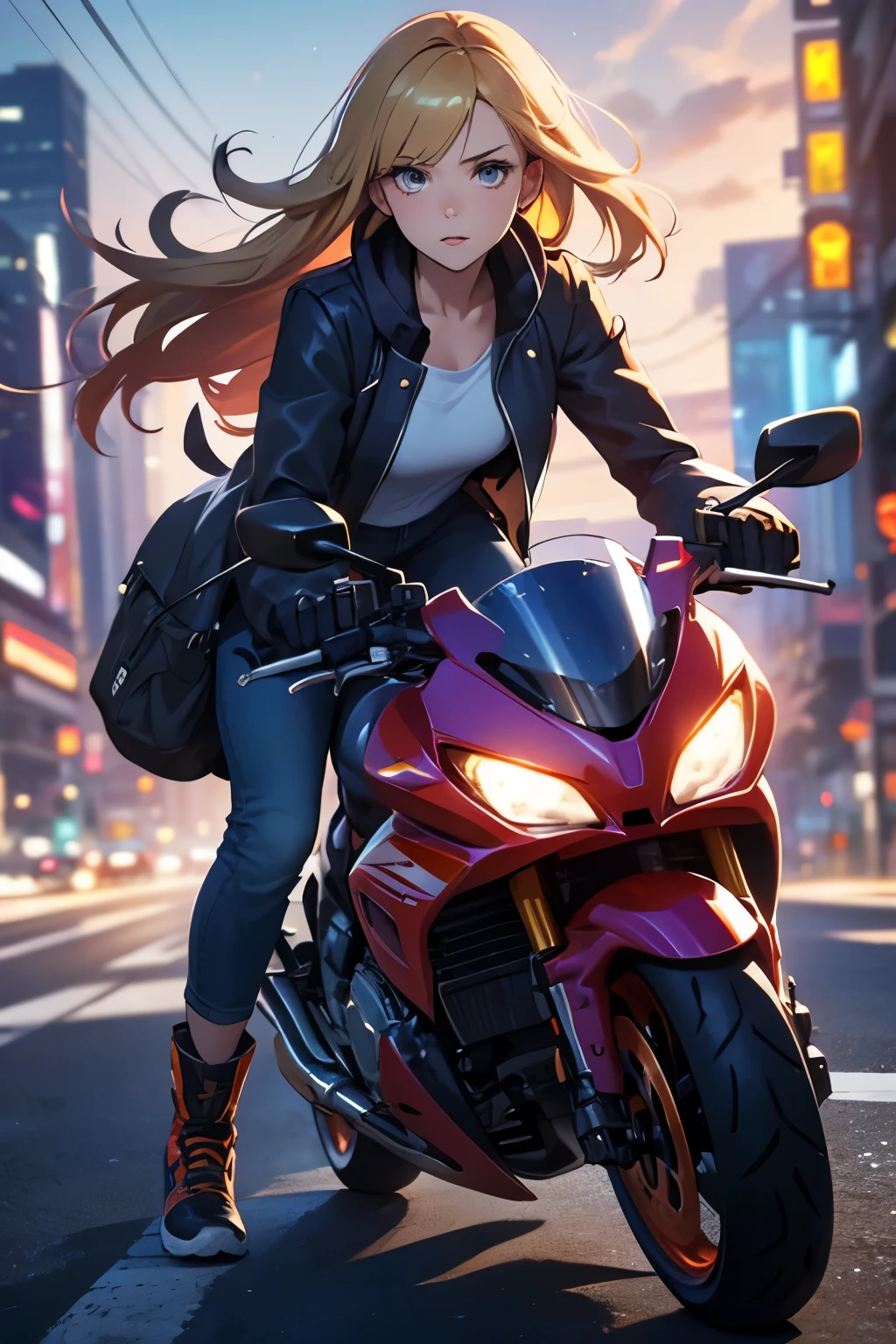 A woman takes a corner on a motorcycle, no helmet, long blonde hair flying, a beautiful woman, a lovely expression, a public road, a speedy depiction