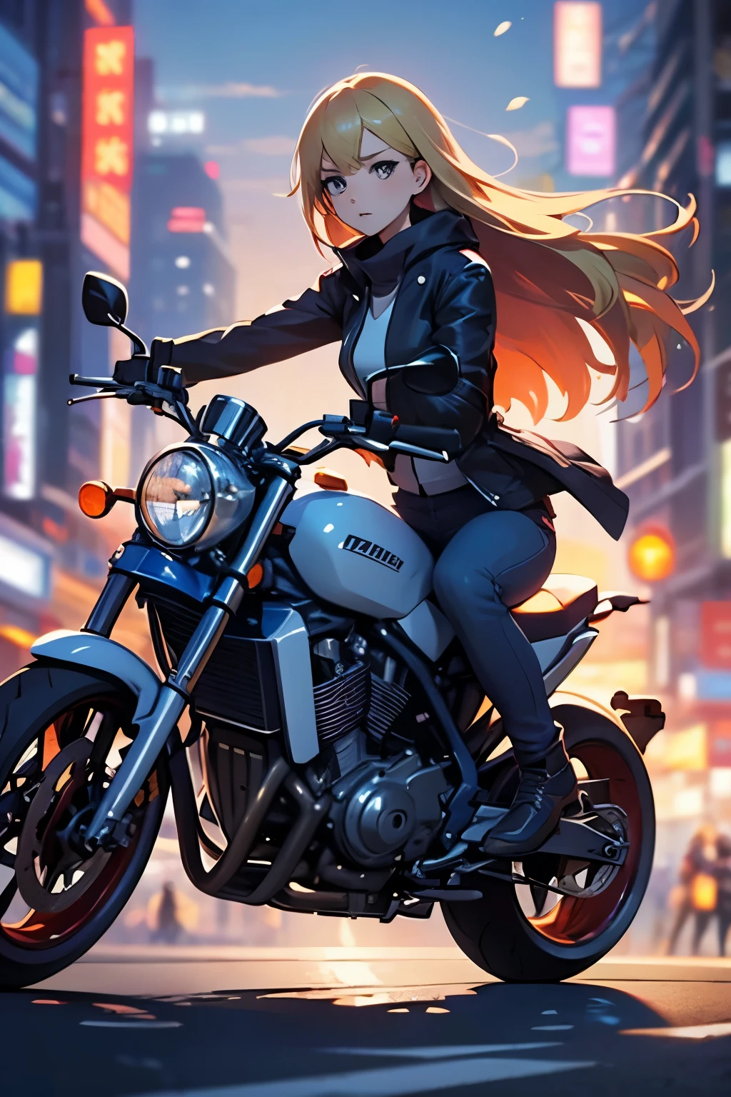 A woman takes a corner on a motorcycle, no helmet, long blonde hair flying, a beautiful woman, a lovely expression, a public road, a speedy depiction