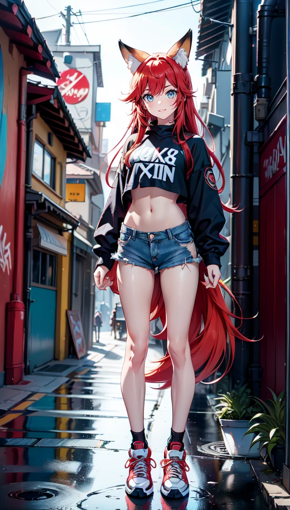 A cute fox girl with blue eyes, long red hair, Fox ears and a fox tail. She has a cheerful, love very much, friendly and happy character. She wears a cool, modernes Outfit, that fits perfectly with a wall with graffiti. Her outfit consists of a trendy crop top, ripped jeans and stylish sneakers. In the background there is a colourful, detailed graffiti wall, which have an urban, gives an artistic look. The image should be highly detailed, with HDR and Ultra 8K resolution, about the textures of clothing, to accurately portray her cheerful charisma and the details of the graffiti.




, best AI technology, 
Full body focus, perfect legs, perfect face, perfect eyes, perfect light, Dynamic Light, Natural light, Pretty, (perfect feet:1.2),(​masterpiece:1.2), (best quality:1.2), (Very aesthetically pleasing:1.2), (most absurd:1.2), (detailed background),Latest,KI-generiert, Intricate detailing,
best quality, High resolution, super detailed, uhd, textured skin, Raytracing, anime-style