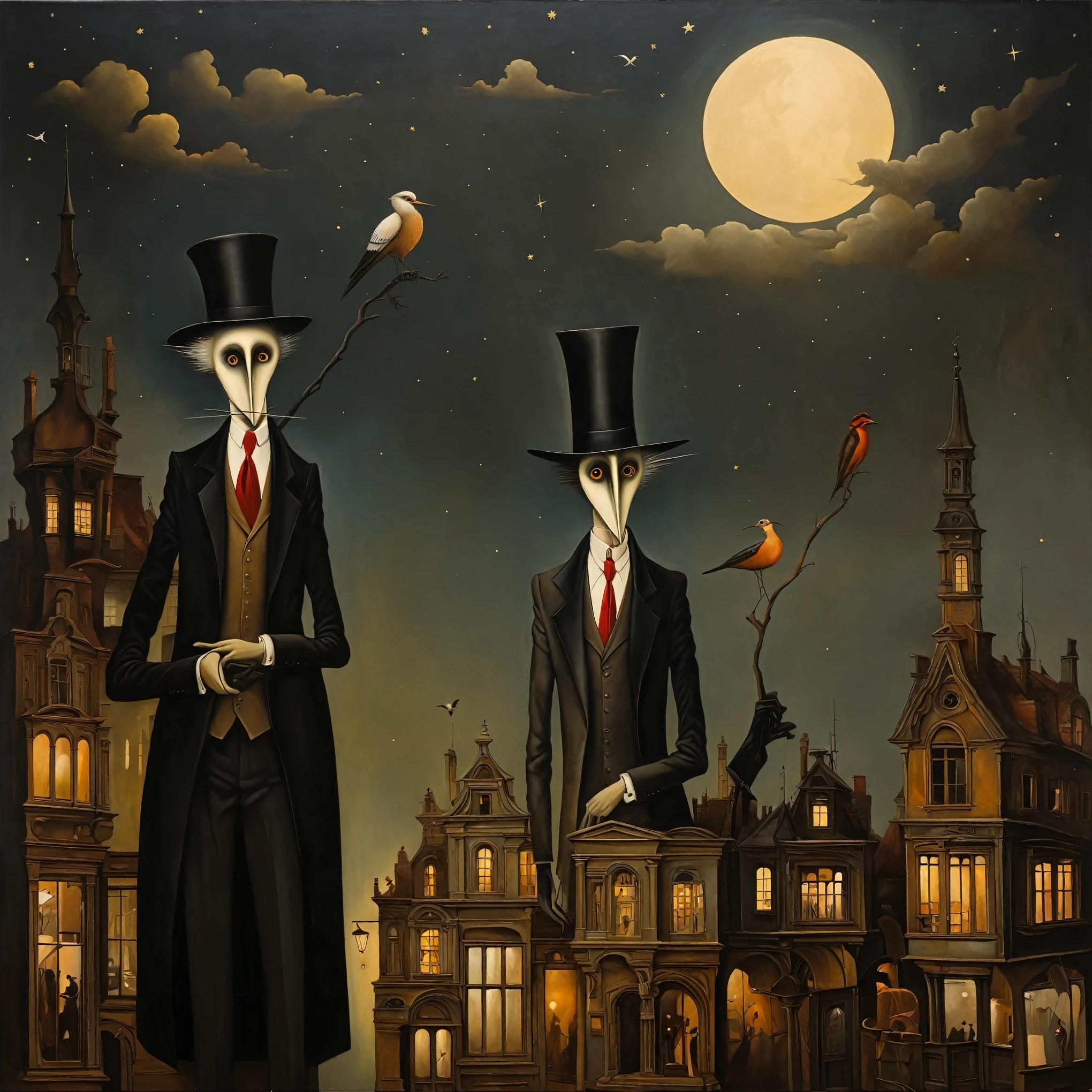 Oil painting stylized as Leonora Carrington, Michael Parkes, Esao Andrews and Dave McKean, Two individuals stand side by side, both dressed in formal attire, including black top hats and dark suits with matching gold ties. They pose with a natural stance against a backdrop of charming, European-style buildings with red-tiled roofs. The night sky above is adorned with a full moon, stars, and clouds, creating a serene and slightly whimsical atmosphere. The lighting is soft and even, giving the scene a dreamlike quality. Stylish art background consisting of abstract natural elements such as stylized leaves and birds rendered in soft earth tones. The background creates a sense of depth and mystery, with smooth color transitions. The painting conveys a calm and intriguing atmosphere, where even the lighting is evenly distributed without harsh shadows, creating a sense of harmony and peace. Surrealistic details such as unusual shapes and symbolism. Mythological elements and magical creatures, giving a fairytale aspect. Bright, saturated colors and textures that create a sense of depth. A combination of different techniques and styles adding to the modernity. The composition is balanced, the emphasis is on the foreground where the figures take center stage and the texture of the background complements its image.