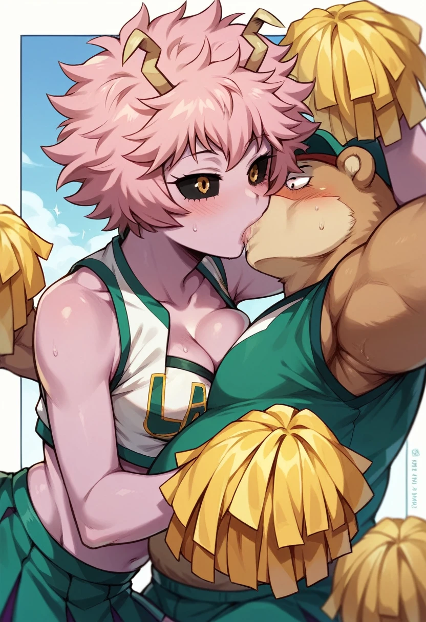 Mina Ashido from My Hero Academia in a cheerleader outfit while sucking a bear&#39;s huge penis in the forest filling her mouth with semen on the verge of fainting