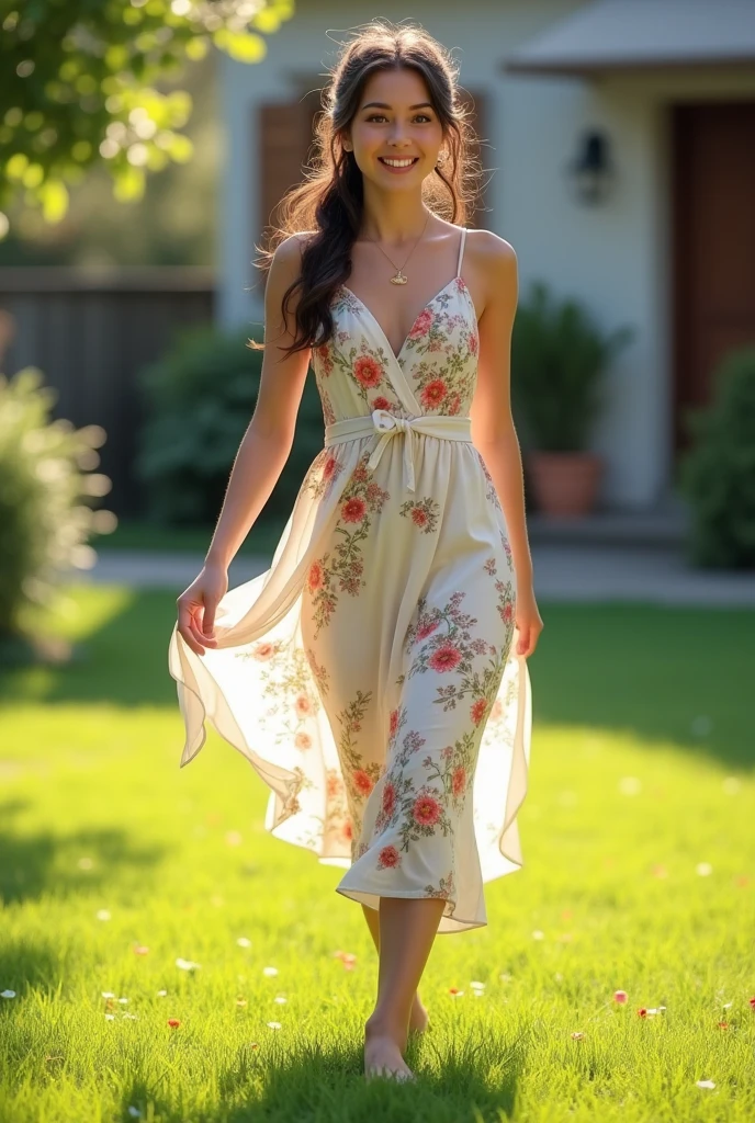 Foto hiperrealista en primer plano de Amy Adams, masterpiece, best quality, (photorealistic:1.4), full body, white maxi fall loose floral dress:1.1), heels, in the New York Central Park, sunny day,, cinematic lighcinematic light, beautiful woman, skinny, medium breasts, straight ginger hair, detailed face, nice legs, smile, facing the camera, photo taken from a distance, age of 20 years old,