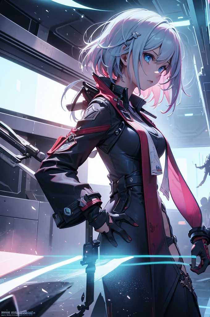 Make a girl in a futuristic setting with a futuristic weapon in her hands