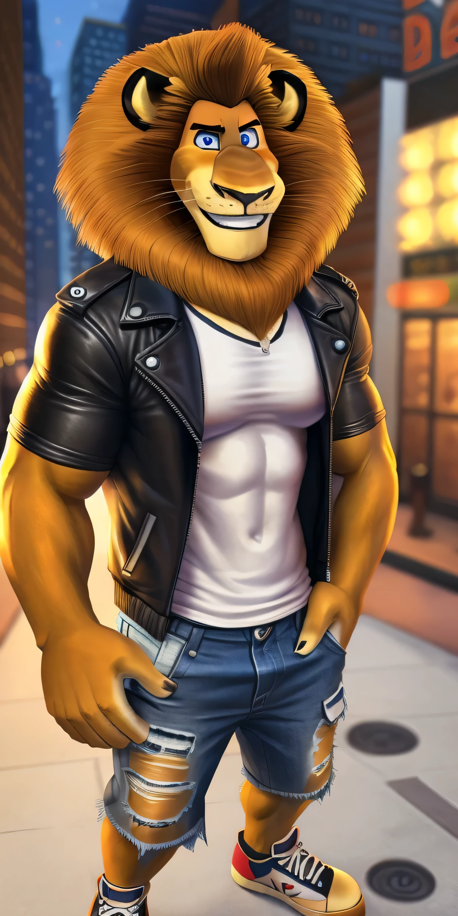 Alex the Lion, muscular body, big biceps, extremely beautiful and cute face, perfectly detailed blue eyes with perfectly detailed pupils, wears white t-shirt, leather jacket, denim cargo shorts, sneakers, hands in pockets, city streets background, selfie, friendly look, cute smiling