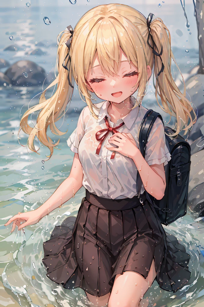 (8k, Highest quality, masterpiece: 1.2), Ultra-high resolution, 1 person, cute, Blonde, Close your eyes, Mouth open, Small breasts, blouse, shirt, Red Backpack, Ocean, deep, Soaking wet, Black underwear, ribbon, Gothic Long Skirt, A childlike smile, The best smile, Water up to my chest, big flood, splash, 