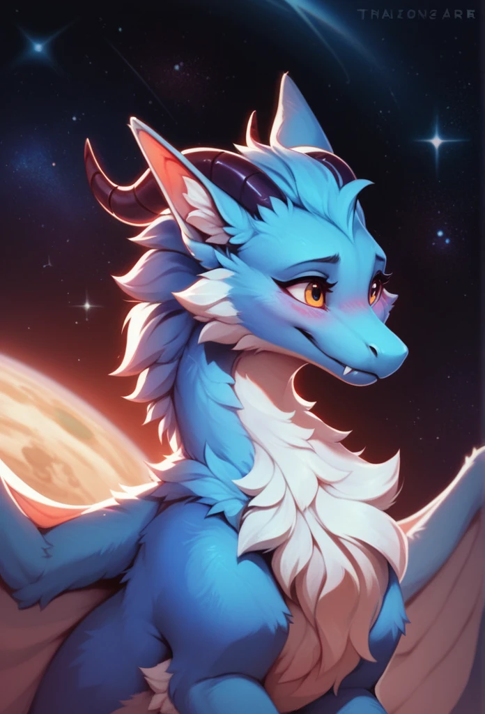 furry art, feral, furred dragon, female, portrait, white and blue fur, thicc, wings, horns, tail, chest fluff, paws, fangs,  ton back,  embarrassed, happy,  staring off into space, extra fluffy,  staring off into space, extra fluffy, quadruped, 