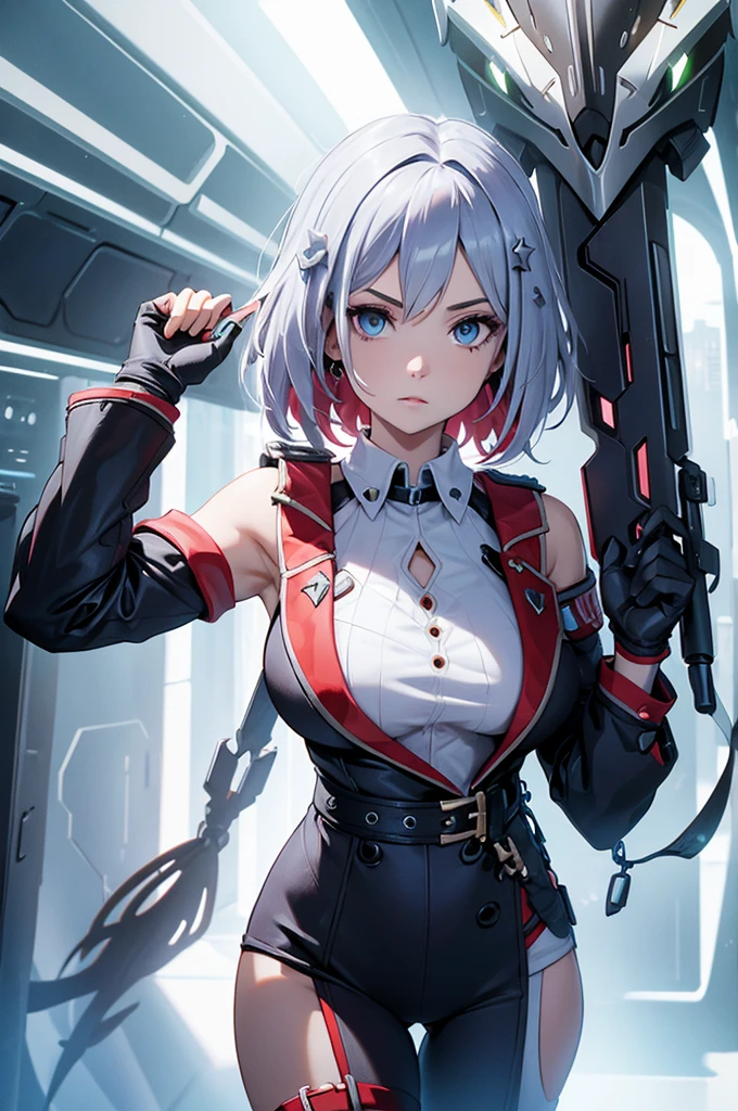 Make a girl in a futuristic setting with a futuristic weapon in her hands