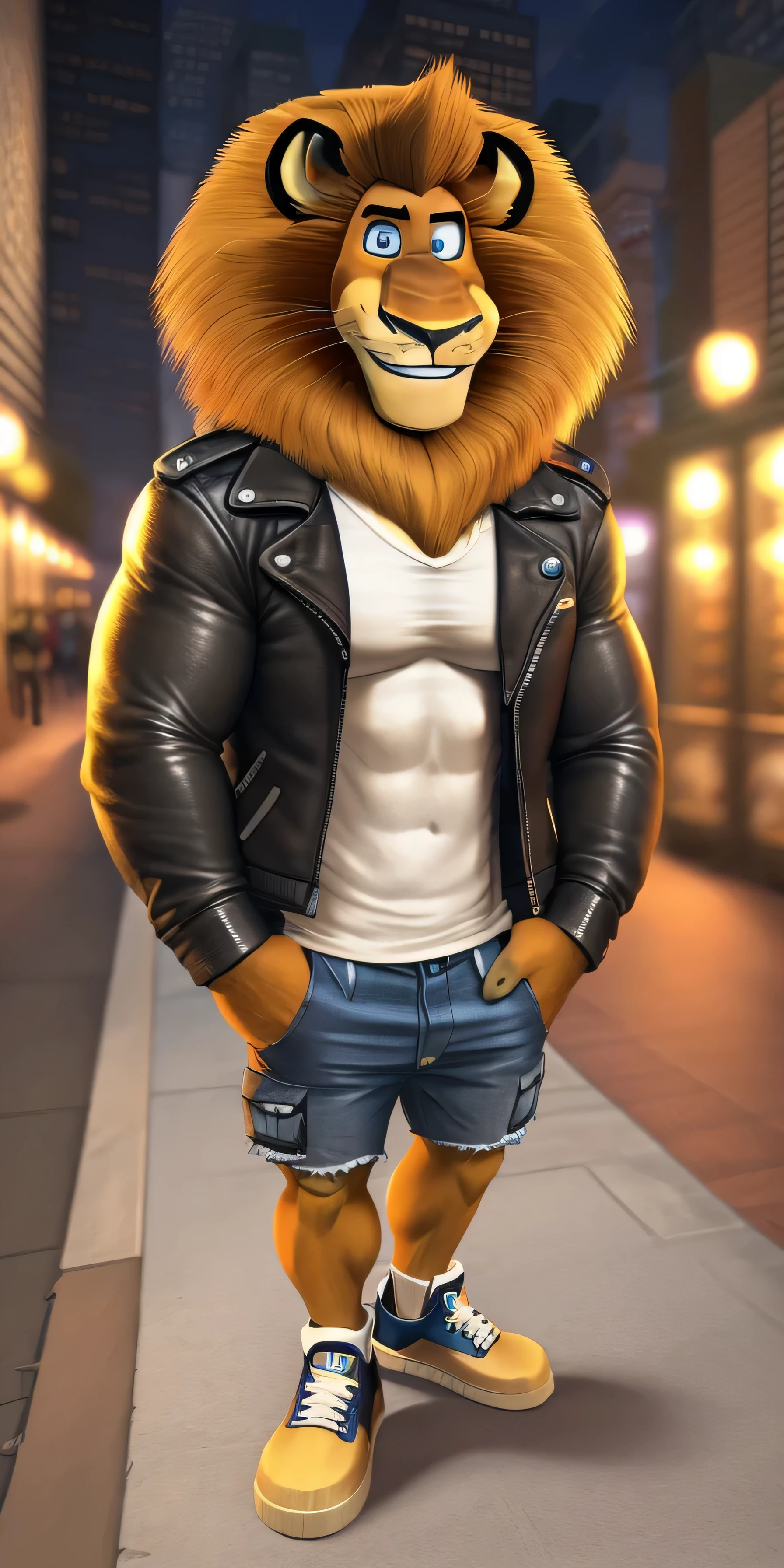 Alex the Lion, muscular body, big biceps, extremely beautiful and cute face, perfectly detailed blue eyes with perfectly detailed pupils, wears white t-shirt, leather jacket, denim cargo shorts, sneakers, hands in pockets, city streets background, selfie, friendly look, cute smiling