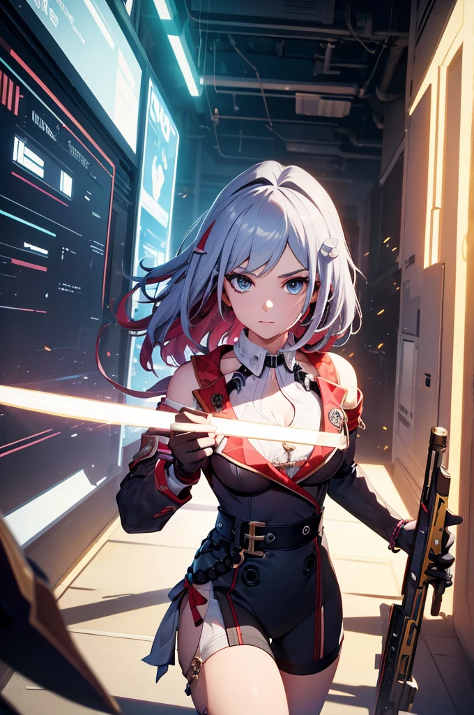 Make a girl in a futuristic setting with a futuristic weapon in her hands