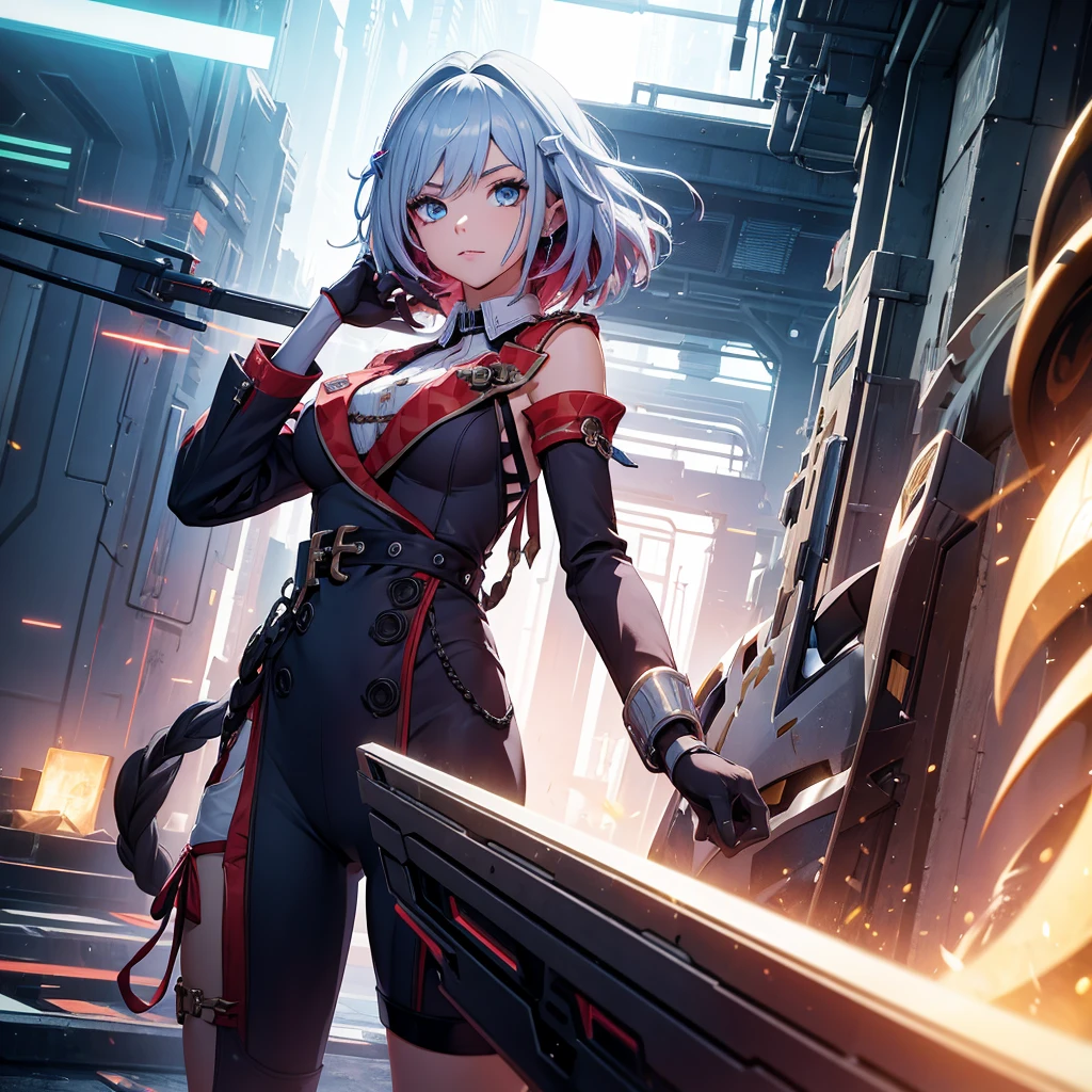 Make a girl in a futuristic setting with a futuristic weapon in her hands