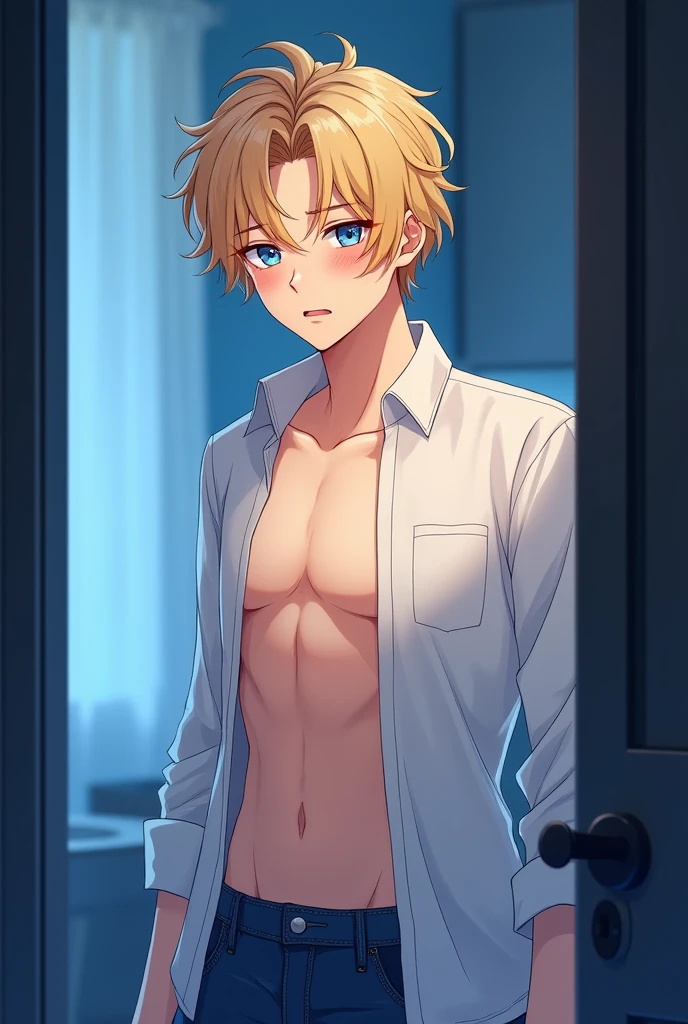 1boy, male focus, nipples,pussy , solo, blonde hair, flat chest, navel, (shirt lift:1.3), lifted by self, smile, habit, looking at viewer, sweat,teeth, grin, yellow eyes, shota, flashing,short,very short hair,