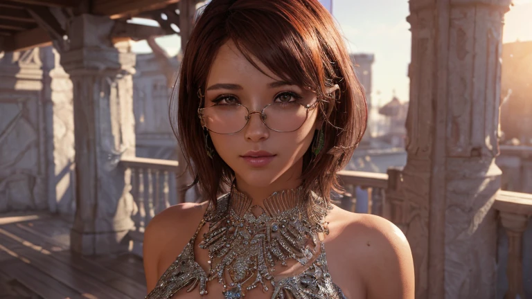 Short, Red hair, green eyes in metal frames, smiling girl, metal frame glasses, with apples. (masterpiece, top quality, Best quality, official art, beautiful and aesthetically pleasing:1.2), extremely detailed,(fractal art:1.2),colorful,The most detailed, (Many colors:1.4). ((split. skin texture, Shiny skin. elegance. photorealism. unreal engine. 3D model. Ultra high quality textures. high detail. permission 8k))