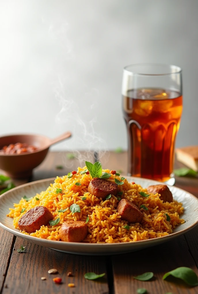 Realistic Chicken Biryani in a pot and a smoke coming out of it 