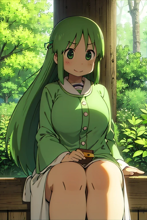 (((one-girl))),Green hair，long whitr hair，huge tit，(((Wearing a long brown dress)))，(((pink panty)))，(((Wet panties)))，(((Sit on a bench，legs are open)))，(((masturbation)))，Be red in the face