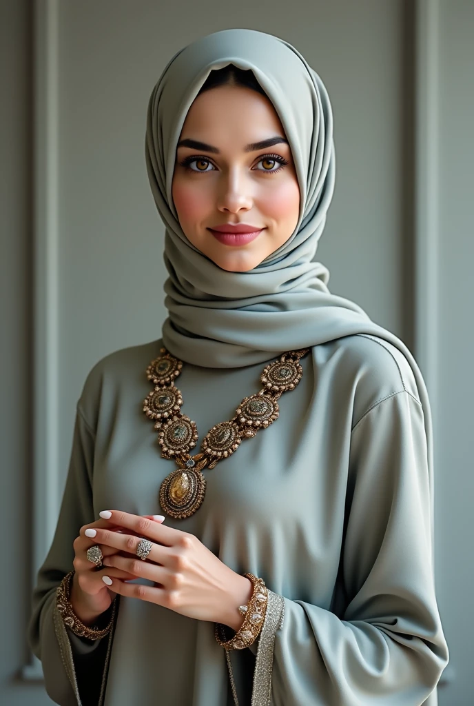 A round face girl having doe eyes and bigger eye lenses of black colour and wearing hijab properly coverd and some jewel like tikka and earings and necklace and sage green dress front side pic full.pic 
