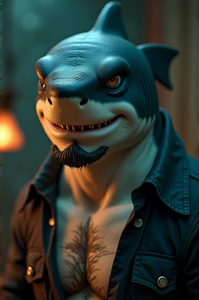 I want a man half human half shark, The left side of the face will be human and the other half of the face will be a shark with humanoid features., with big teeth and on the human part he must have a shark tattoo on his neck , only showing the neck and face part looking forward