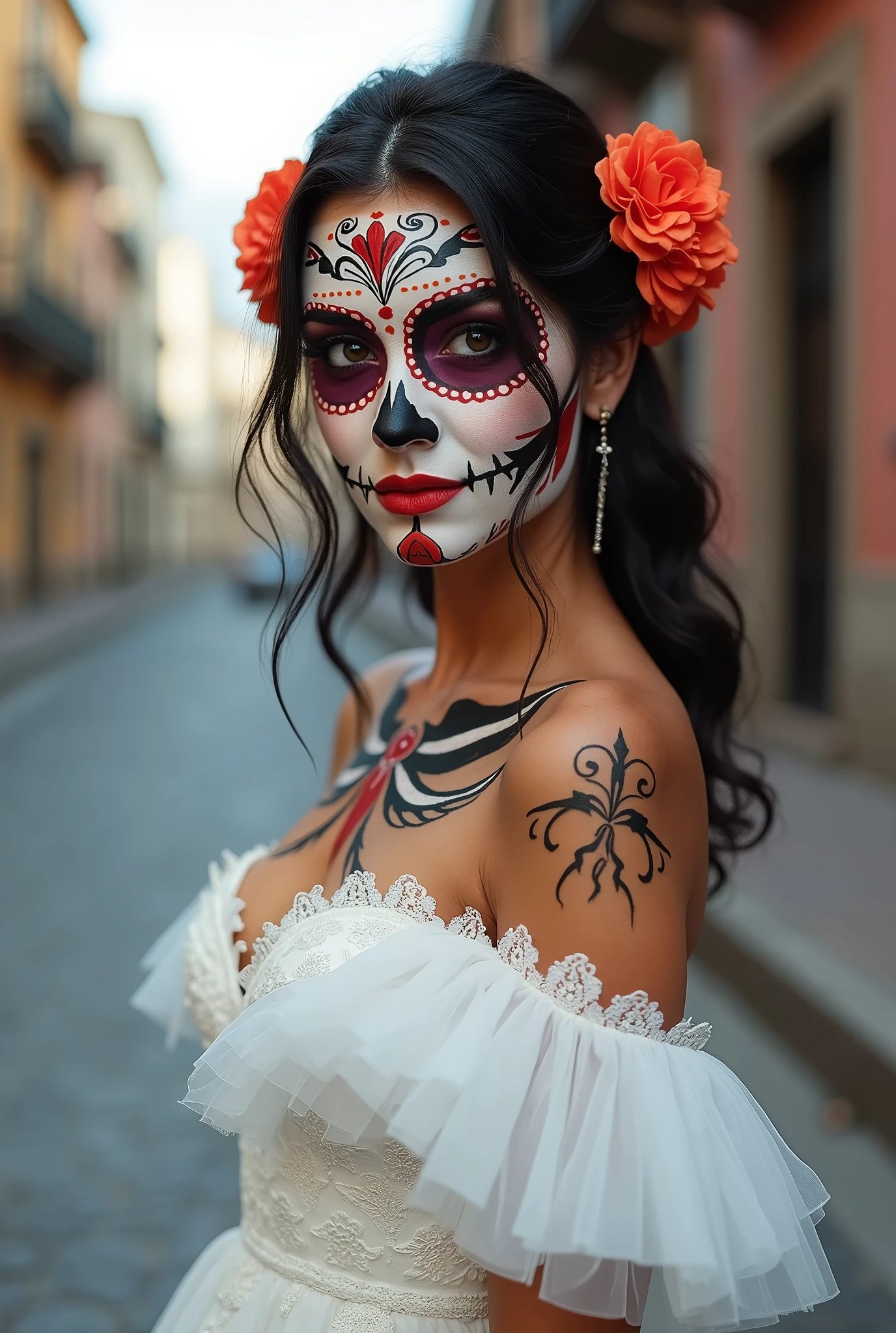 create an image demonstrating the style of ((Dia De Los Muertos)) style, hyper realism, 8k high definition, vibrant colors, sharp focus, insanely de