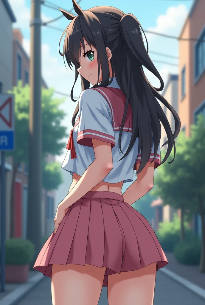 purple hair, hair ornament, twintails, cat ears hairstylem keqing, keqing, look back, view from back, jk, sweater vest, 