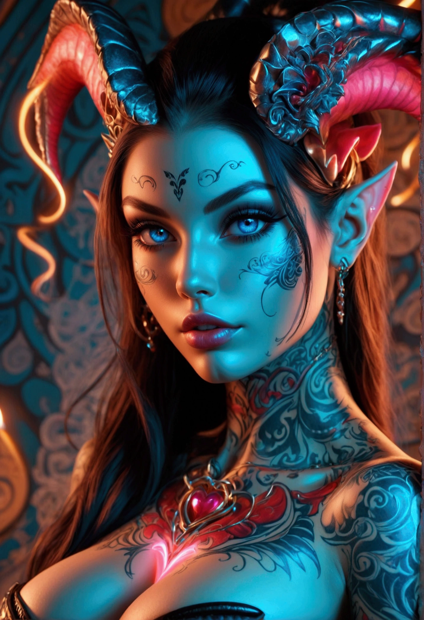 Create an illustrated, hand-drawn, full-color masterpiece with warm lighting and shadows. Incorporate graphite shading, stencil marks, and airbrushed acrylic paint in the style of "Breath of the Wild." The image should feature a beautiful goblin woman with a humanoid, furry appearance and large ears shaped like those of an elephant. She has red skin, bright eyes, luscious thick fleshy lips, and a wide smile. Depict her with a perfect, symmetrical face and a curvy hourglass figure with large breasts. Her face, neck, and arms are covered in intricate blue tattoos, adding a mythic beauty to her. She is wearing a long, flowing, lacey dress with a high neck and long billowing skirts. The background should be detailed and sharp, adding to the overall high-resolution, best quality, and detailed art piece. Scarlett Johanson