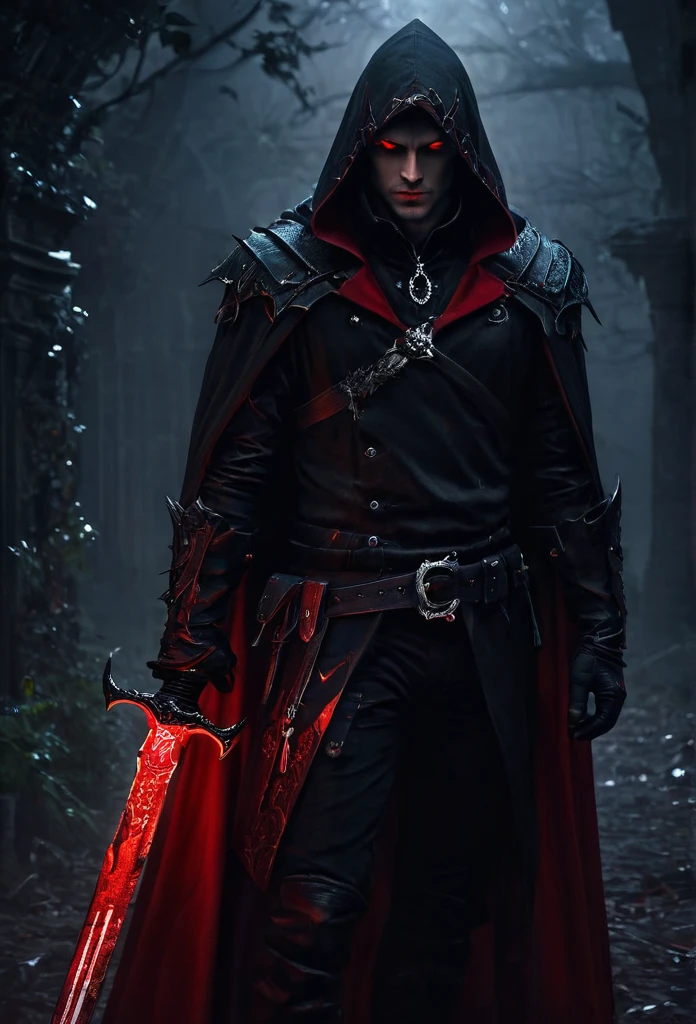 Inspired by Valeryi vegera, a vampire man, red eyes, (glowing eyes), black hair, messy hair, red hood, red cape, holding a magic red sword, (masterpiece), epic composition, dusk, neon fantasy theme, dynamic, lord of the night, rubypunk,blood magic,dressed in a dark cloak with a hood, holding a glowing, intricate symbol,dark atmosphere,dark souls, bloodborne, Grim dark,Hidetaka Miyazaki,Diablo,Clyde caldwell style,inspired by Ken Kelly,Valeryi vegera style,intricate details, hyperdetailed, cinematic, realistic, masterpiece,airbrush digital art