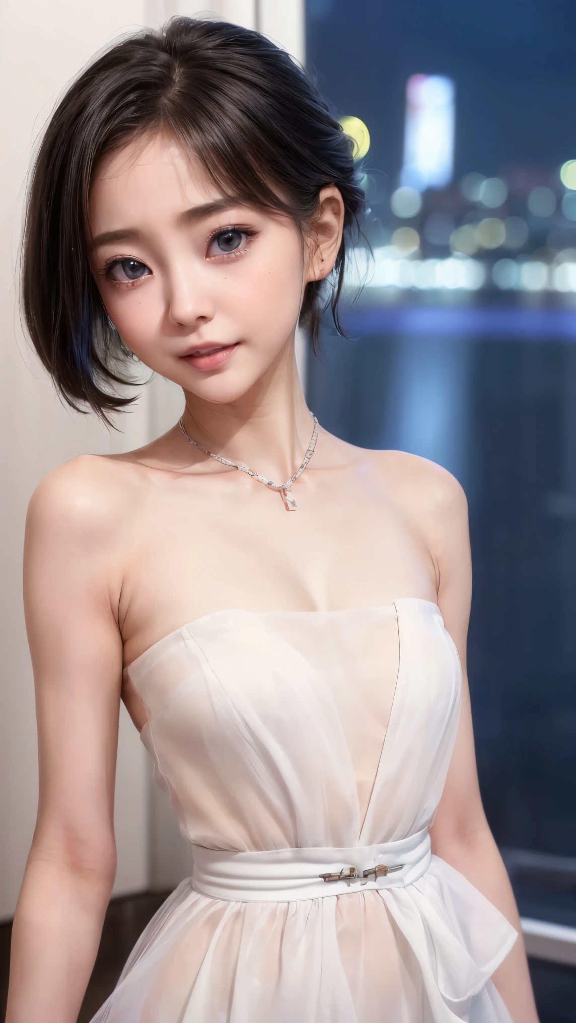 (4k quality:1.3),(Highest quality:1.3),(Whitening:1.4),(,Girl:1.3),(The best beauty:1.5),rich,Upper Body,smile,(Extremely petite:1.5),(Black strapless mini dress:1.3),(Different dimension:1.6),Overflowing breasts,(jewelry),Captivate a man,Cleavage,(Super Celebrities:1.5),(Supermodel:1.4),(Whitening:1.2),(Tight waist:1.4),(Night viewの良いホテル:1.1),(luxury:1.2),(Arisa Hanyu:1.5),(anorexia:1.4),(Night view:1.3),(Face close-up),Catchlight,(Child'ce:1.6),(smile:1.1),(Light blue hair:1.3),(Half Up Hair:1.3),(Light blue eyes:1.4),(2D cuteness:1.5),(Cute Makeup),Beautiful fingertips,(Sexy and cute:1.6),(Luxury hotel:1.6),(White Gal:1.6),(Transparent white skin:1.4),(albino:1.5),(Lighting hits the subject:1.3)